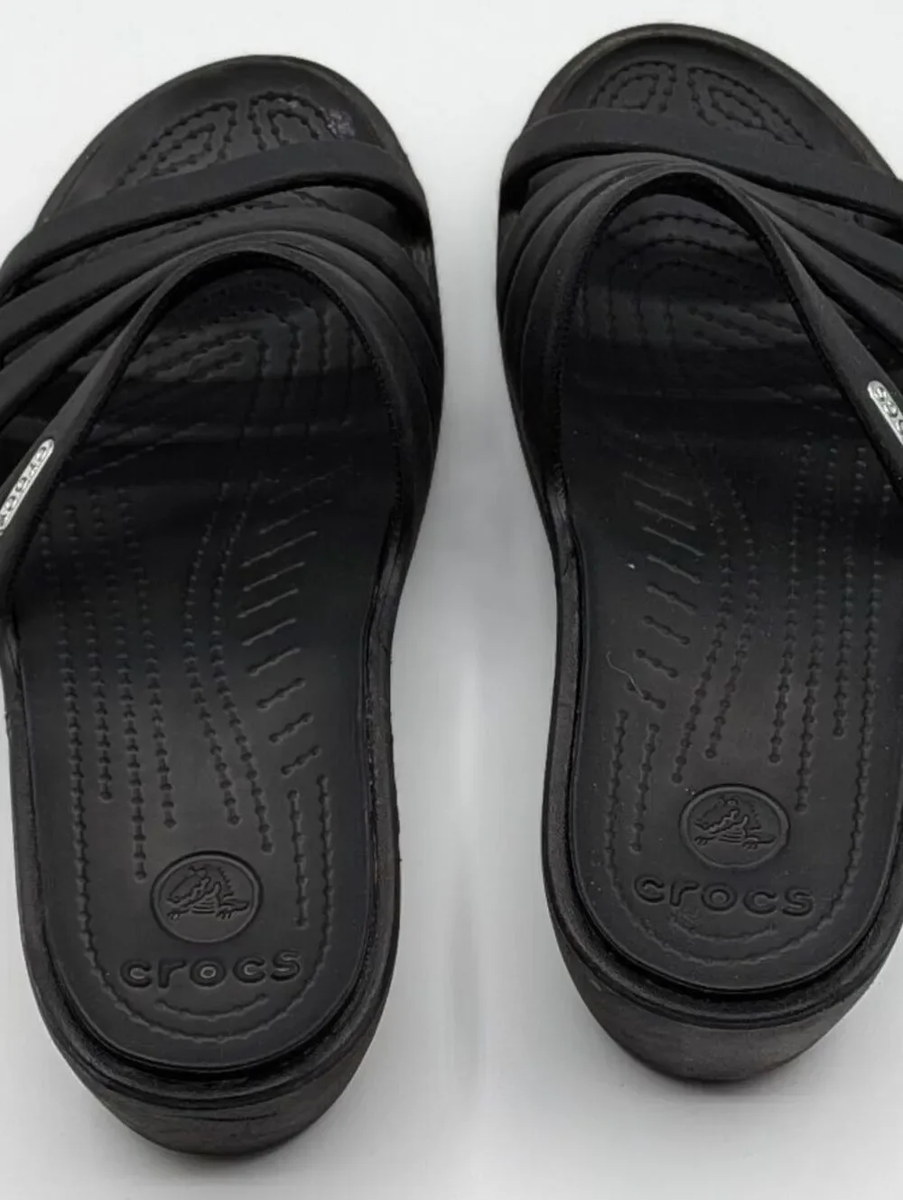 Crocs Size 7 $60 Black Huarache Strappy Comfort Slide Sandals Casual Lightweight